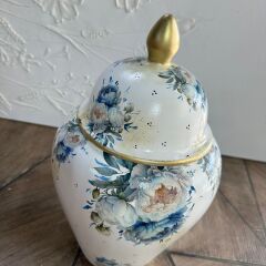 Mavi Beyaz Dekoratif Seramik Küp | Vintage Ginger Jar | El Boyaması Dekor Objesi