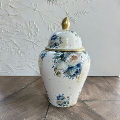 Mavi Beyaz Dekoratif Seramik Küp | Vintage Ginger Jar | El Boyaması Dekor Objesi