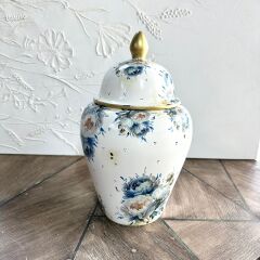Mavi Beyaz Dekoratif Seramik Küp | Vintage Ginger Jar | El Boyaması Dekor Objesi
