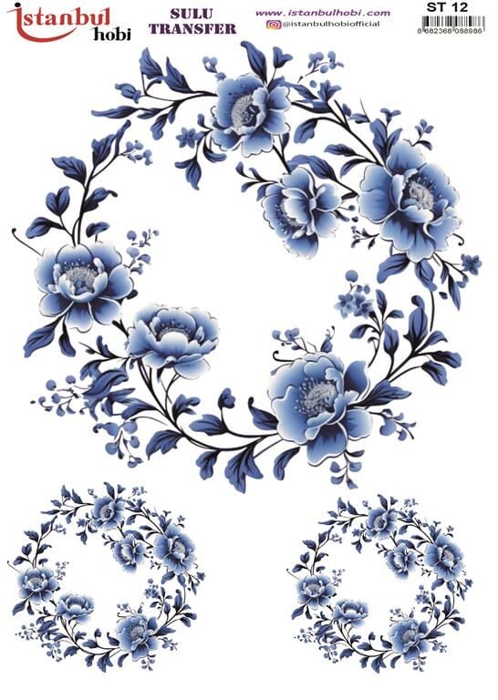 Sulu Transfer 12 Mavi Beyaz Çiçek