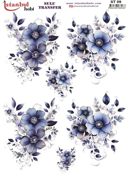 Sulu Transfer 09 Mavi Beyaz Çiçek