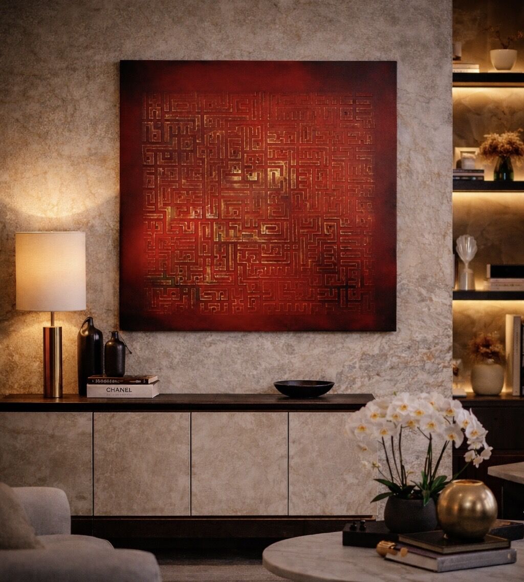 Kufi Yazı Ayetel Kürsi Tablo –60x60 Kırmızı Zemin Üzerine Rölyef İslami Duvar Sanatı