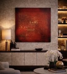 Kufi Yazı Ayetel Kürsi Tablo –60x60 Kırmızı Zemin Üzerine Rölyef İslami Duvar Sanatı