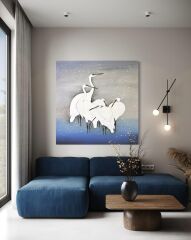 Soyut Beyaz Balıkçıl Kuşlar – Akrilik El Yapımı Tablo
