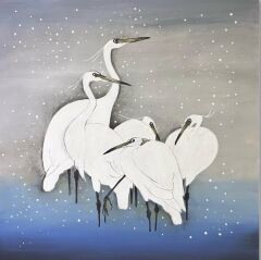 Soyut Beyaz Balıkçıl Kuşlar – Akrilik El Yapımı Tablo