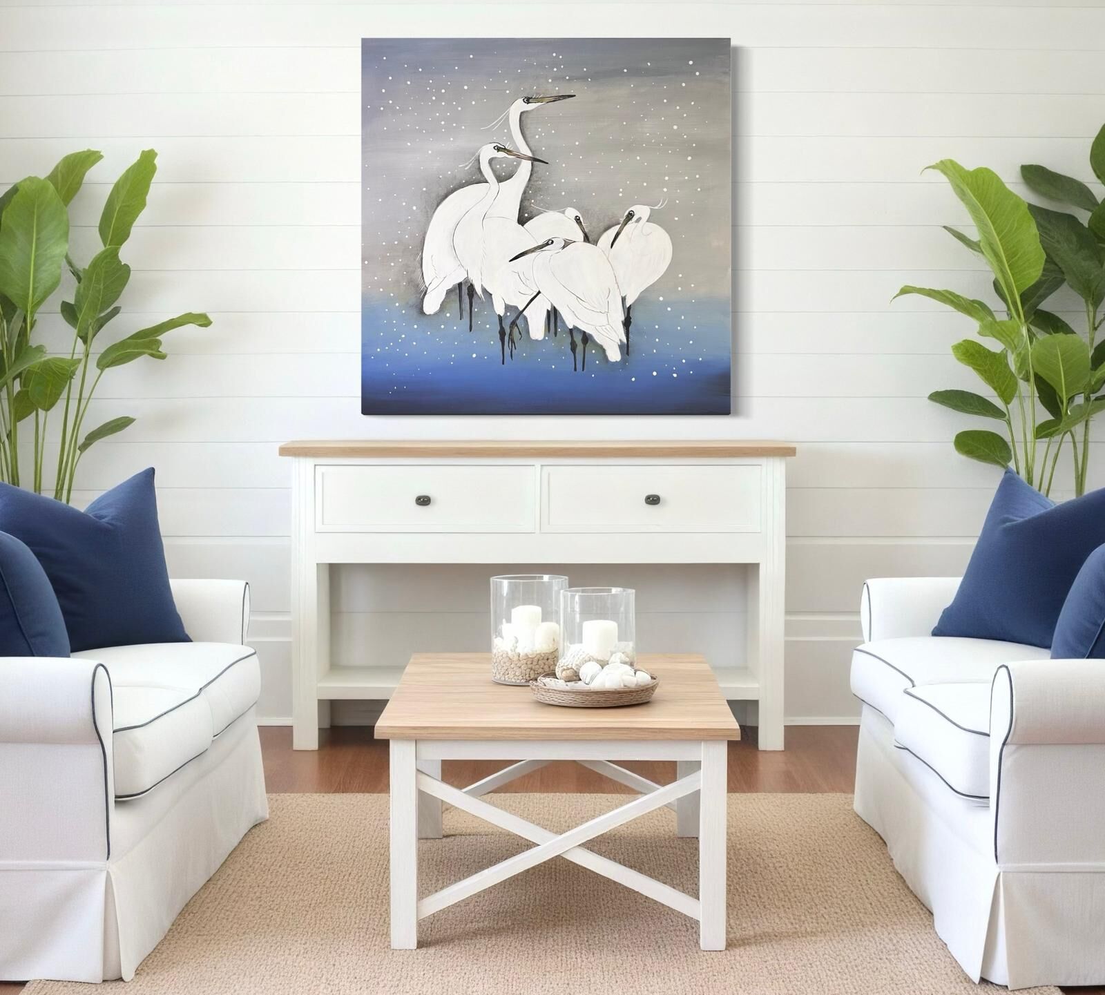 Soyut Beyaz Balıkçıl Kuşlar – Akrilik El Yapımı Tablo