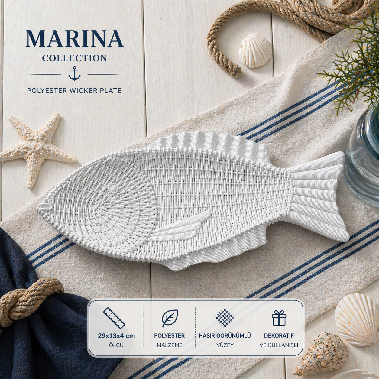 Hasır Görünümlü Polyester Balık Tabak 29x13 cm | Marina Collection Dekoratif Tabak