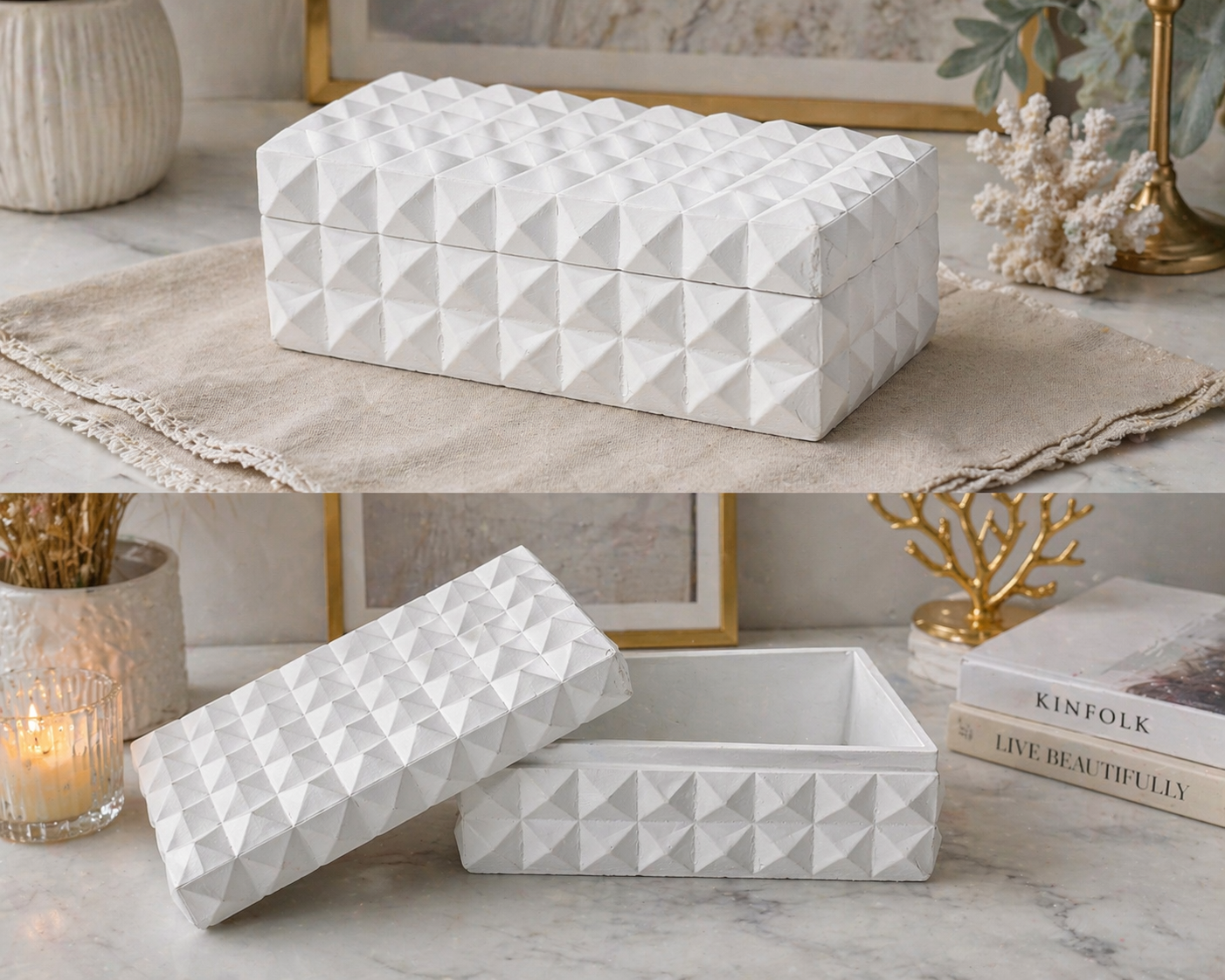 Geometrik Desenli Polyester Kutu 21x13x8 cm | Dekoratif Kapaklı Kutu
