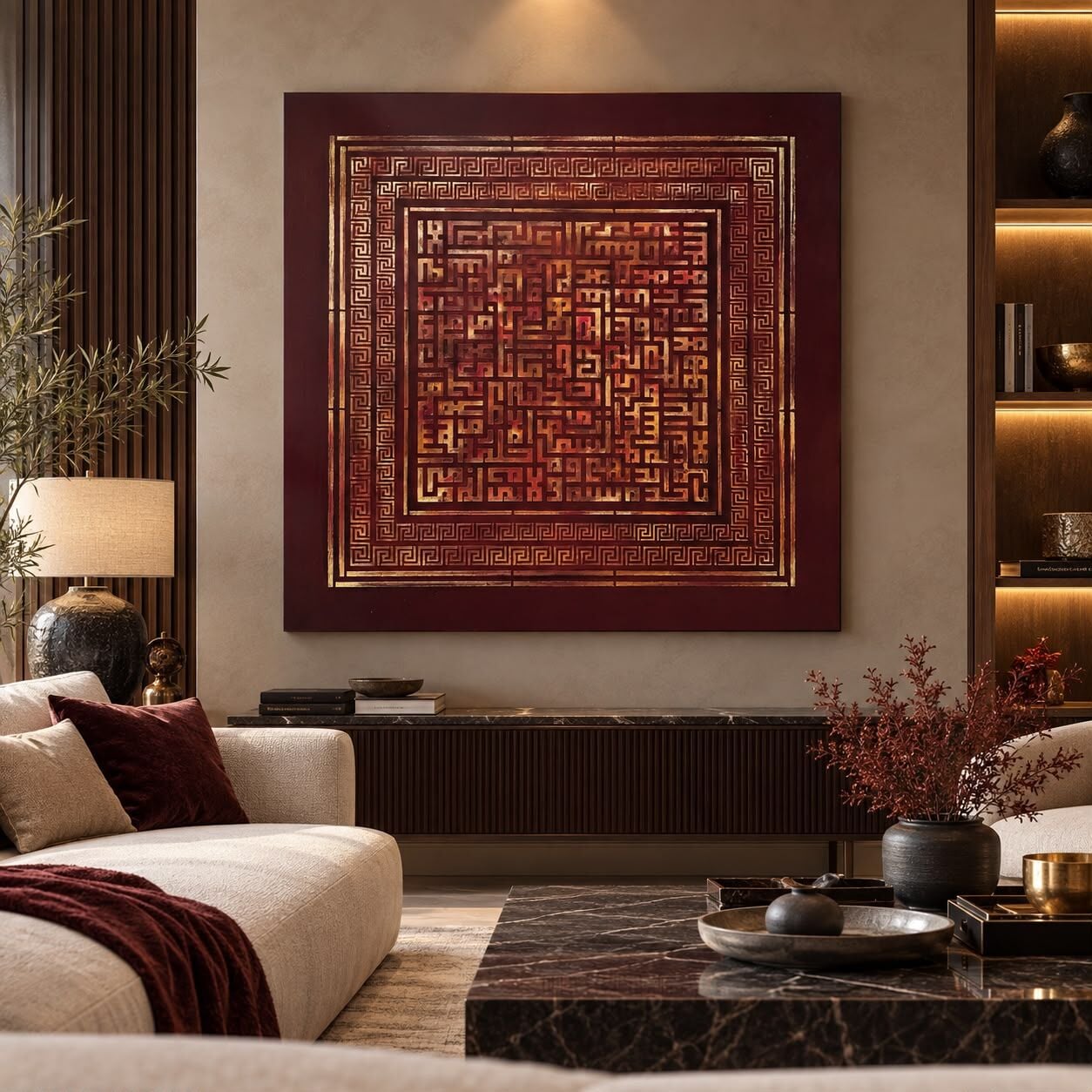 Kufi Ayetel Kürsi Tablo 80x80 Bordo Rölyef El Yapımı Duvar Dekoru