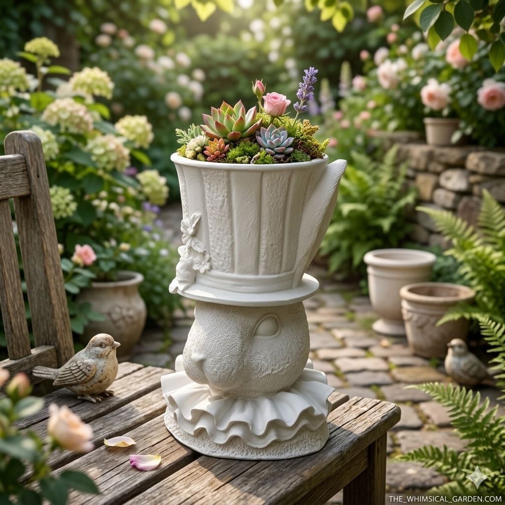 Dekoratif Tavşan Figürlü Saksı 19x20x16 cm | Polyester Bahçe & Balkon Saksı