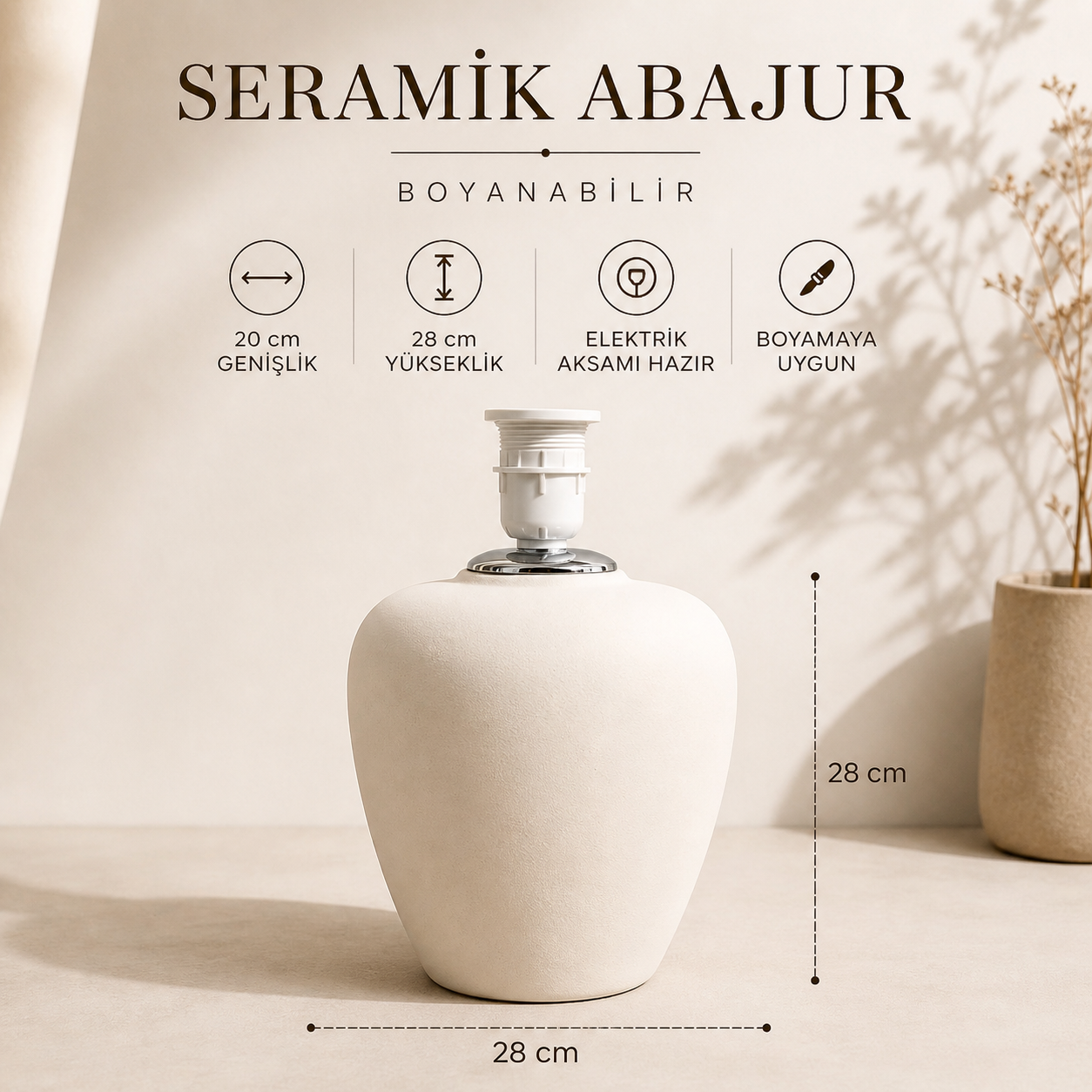 Boyanabilir Seramik Abajur Gövdesi | Elektrik Aksamı Hazır 28 cm