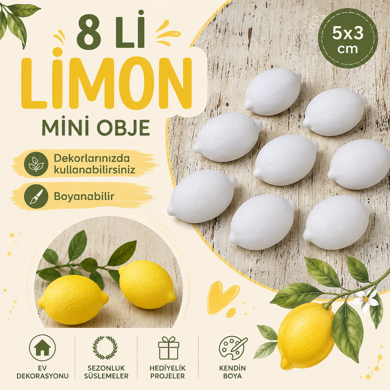 8’li Mini Limon Obje Seti Boyanabilir Dekoratif Polyester Limon 5x3 cm