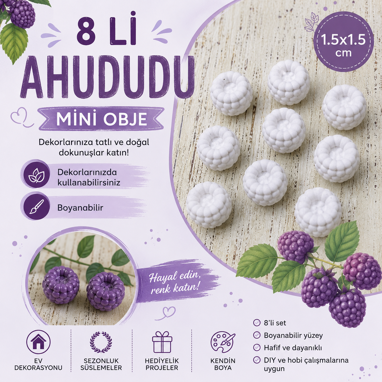 8’li Ahududu Mini Obje Seti Boyanabilir Dekoratif Polyester Ahududu 1.5x1.5 cm