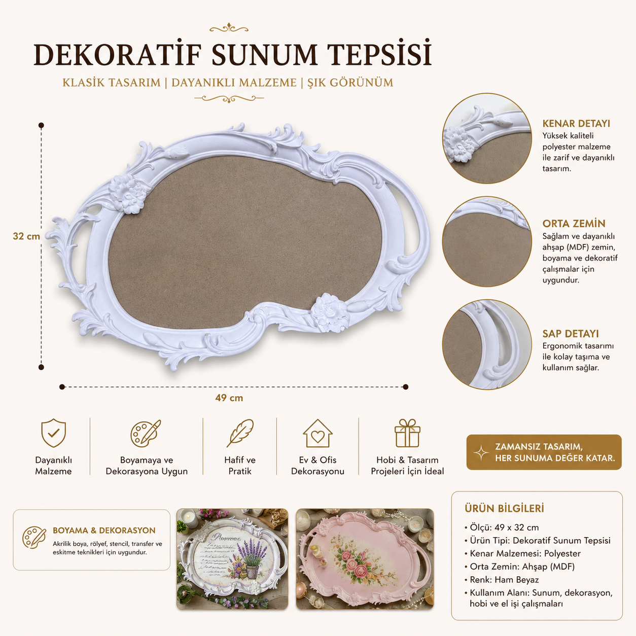 Dekoratif Sunum Tepsisi 49x32 cm – Polyester ve Ahşap Boyanabilir Tepsi