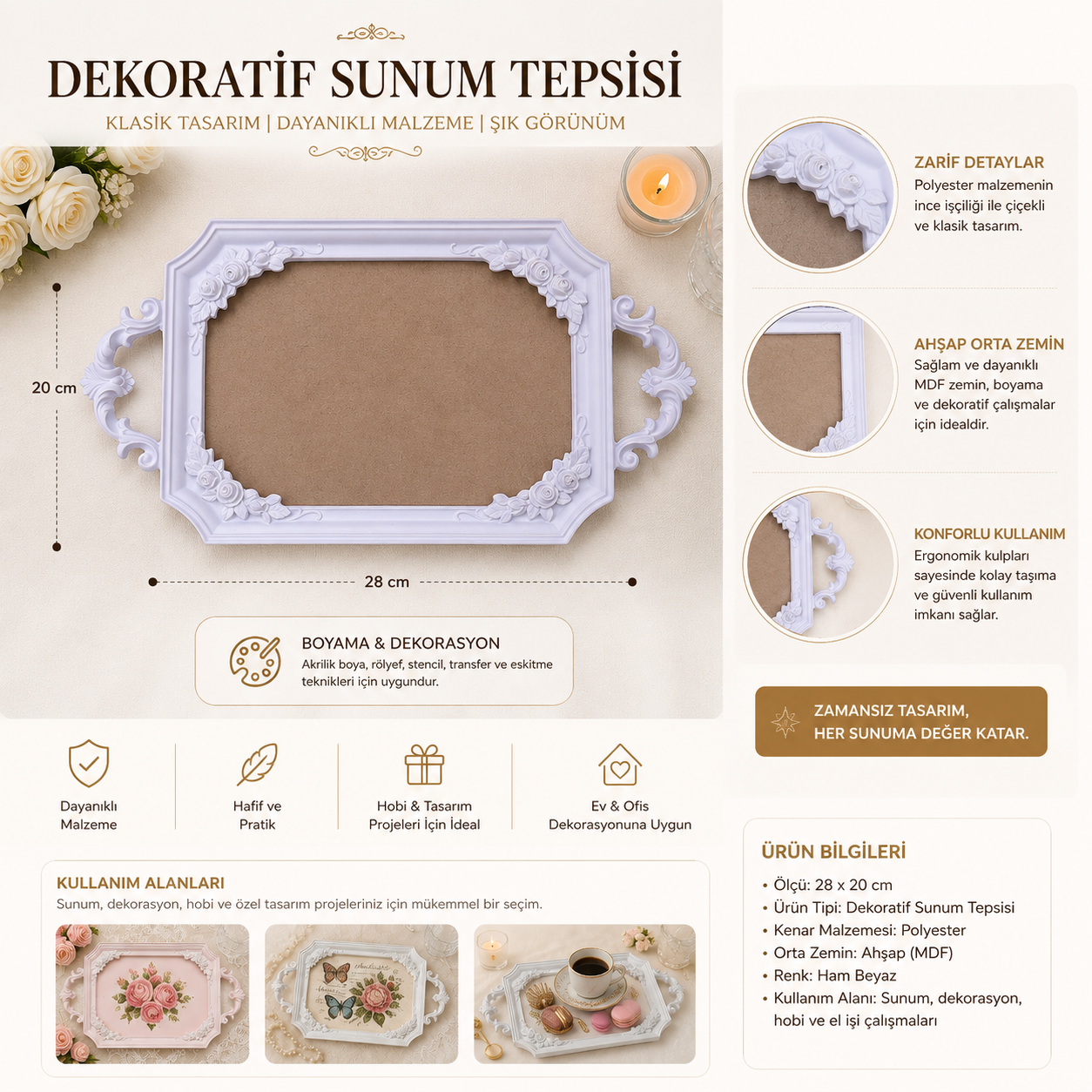 Dekoratif Sunum Tepsisi 28x20 cm – Polyester ve Ahşap Boyanabilir Tepsi