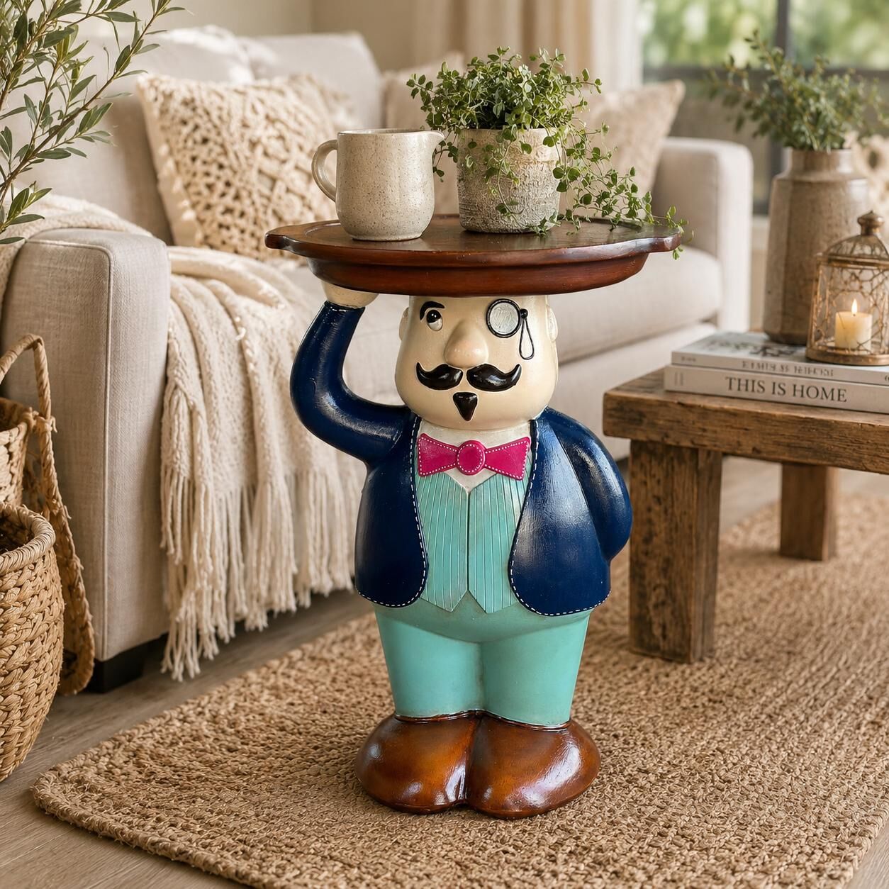 El Boyaması Figürlü Garson Sehpa 60 cm | Dekoratif Polyester Yan Sehpa