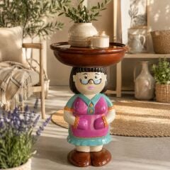 El Boyaması Figürlü Garson Sehpa 60 cm | Dekoratif Polyester Yan Sehpa