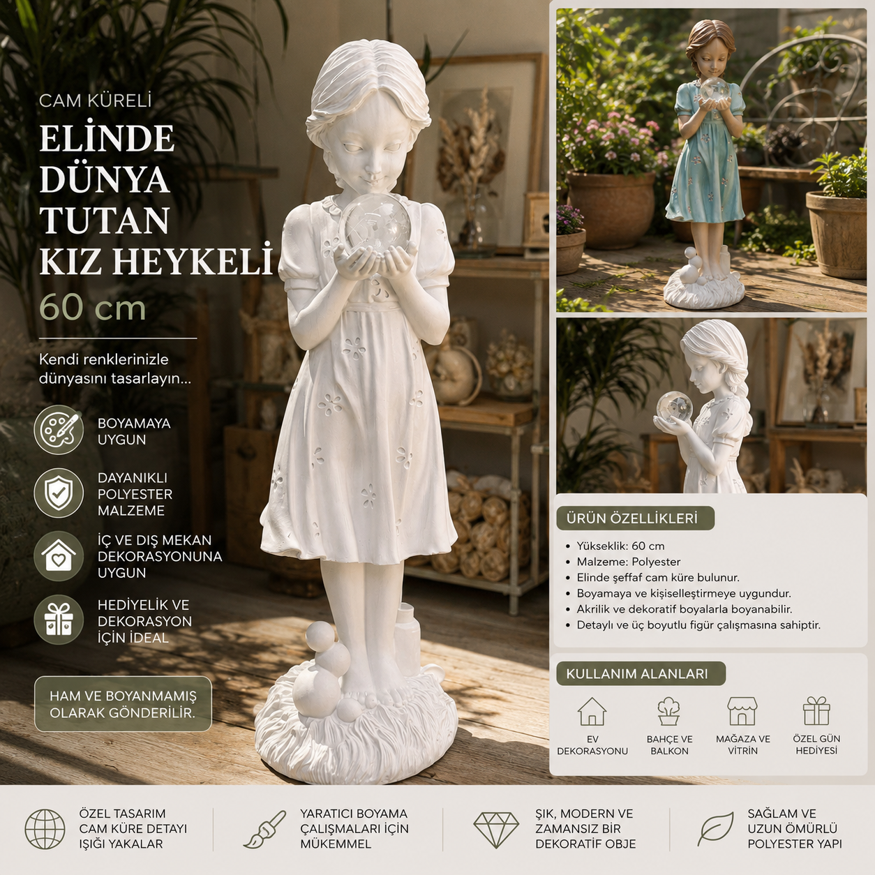 Elinde Dünya Tutan Kız Heykeli 60 cm – Cam Küreli Boyanabilir Polyester Obje
