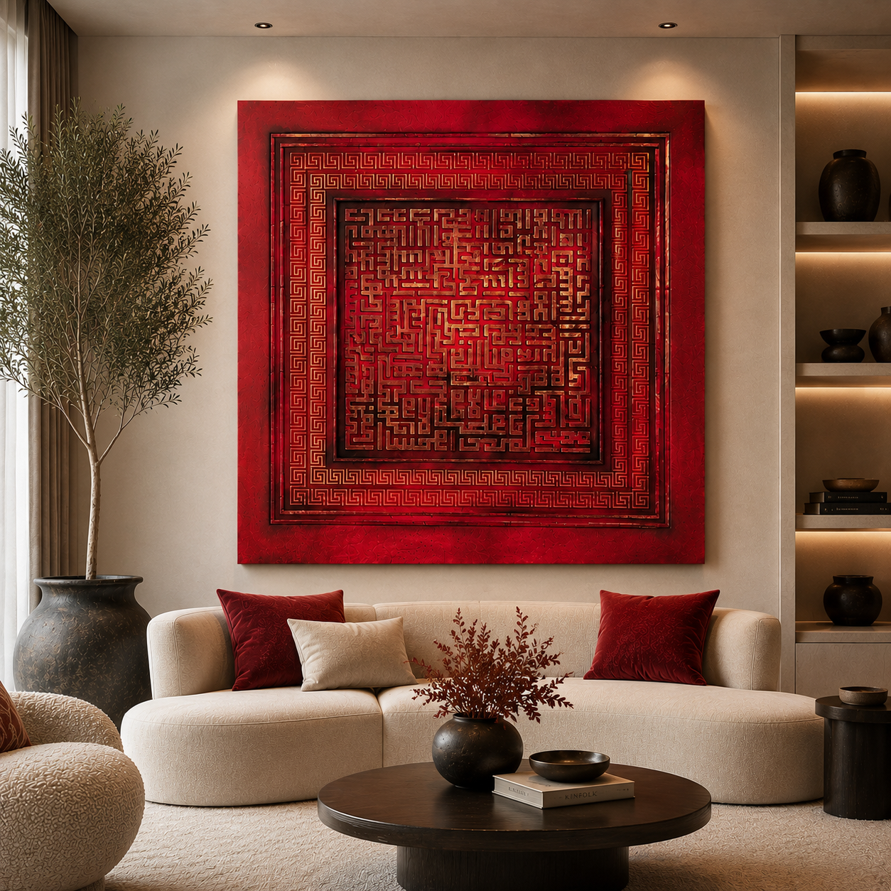 Kırmızı Kufi Tablo 110x110 cm – El Yapımı Rölyef Dekoratif Tablo