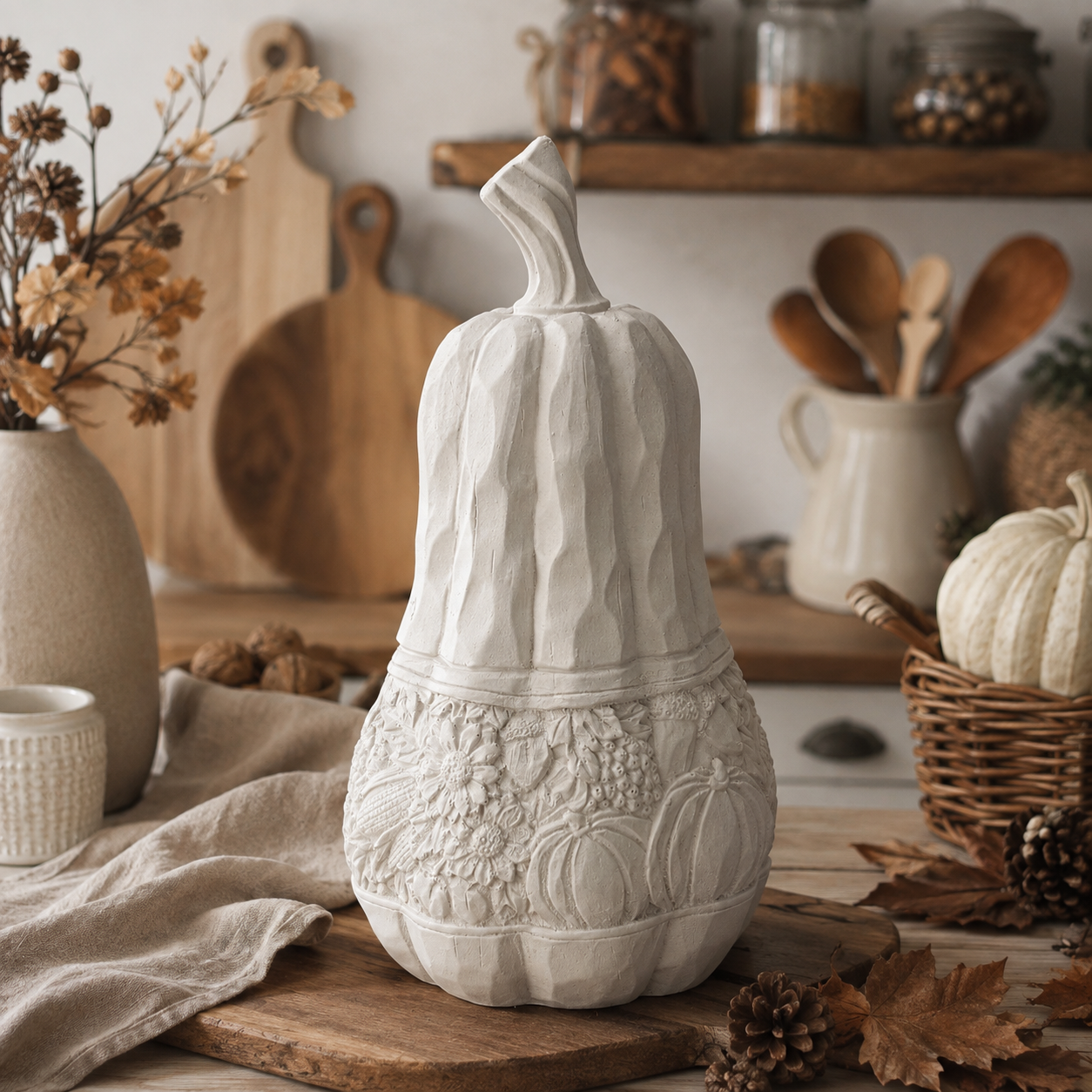 Oymalı Desenli Polyester Kabak Obje 36 cm – Boyanabilir Sonbahar Dekoru