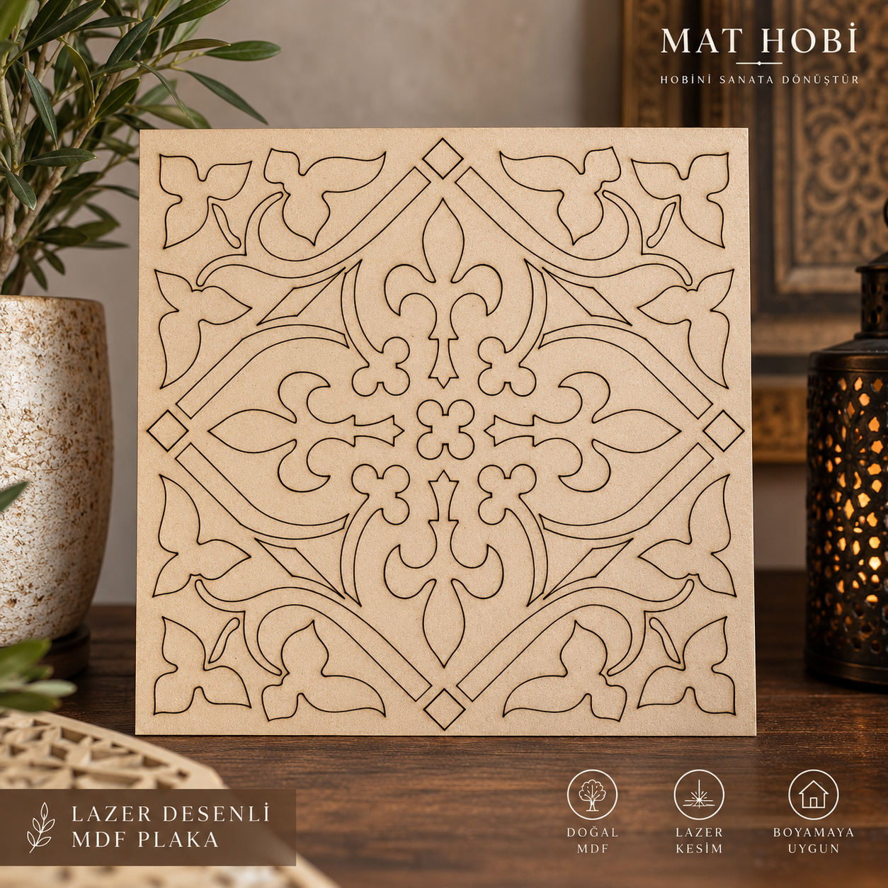 Lazer Desenli Mandala MDF Plaka 30x30 cm