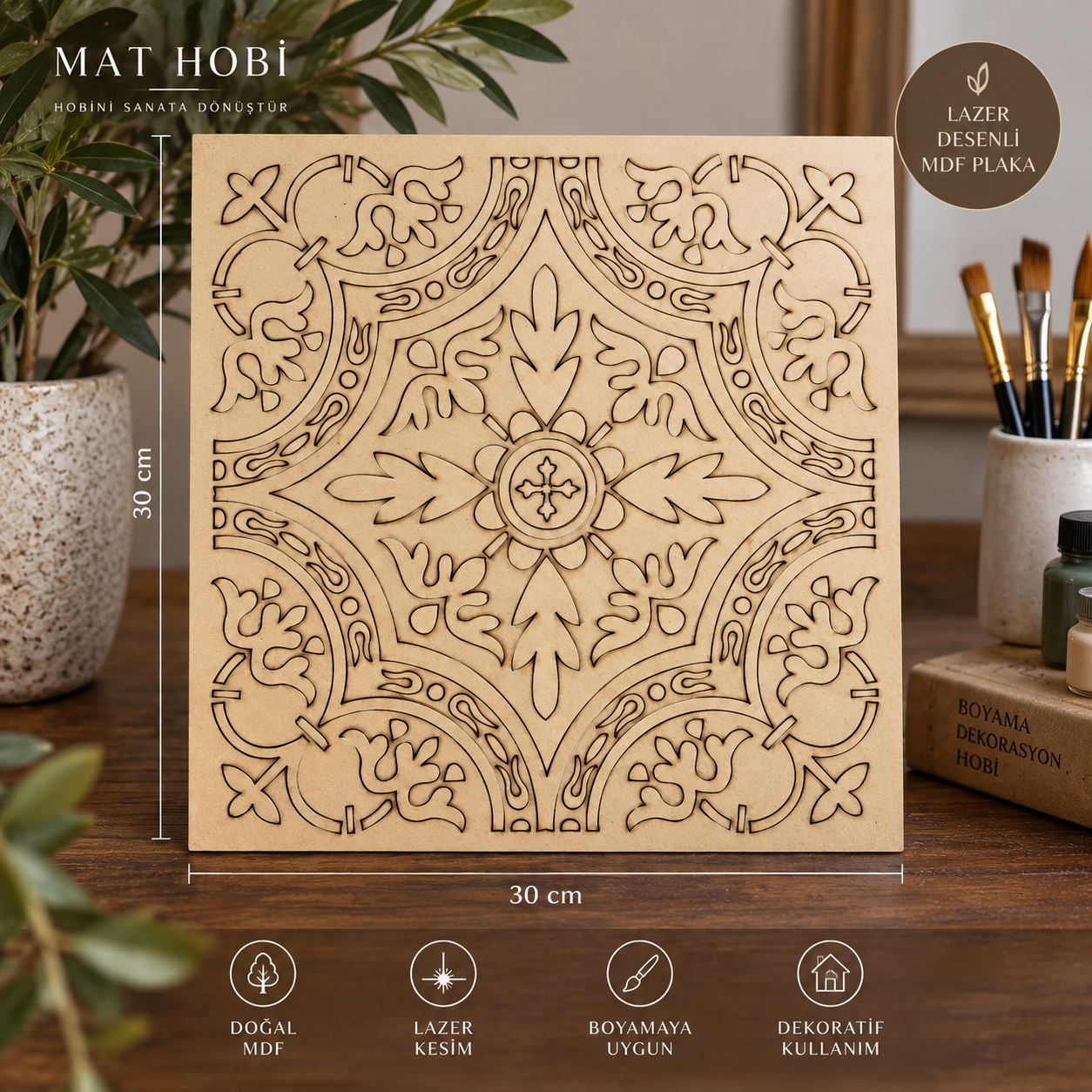 Lazer Desenli Mandala MDF Plaka 30x30 cm