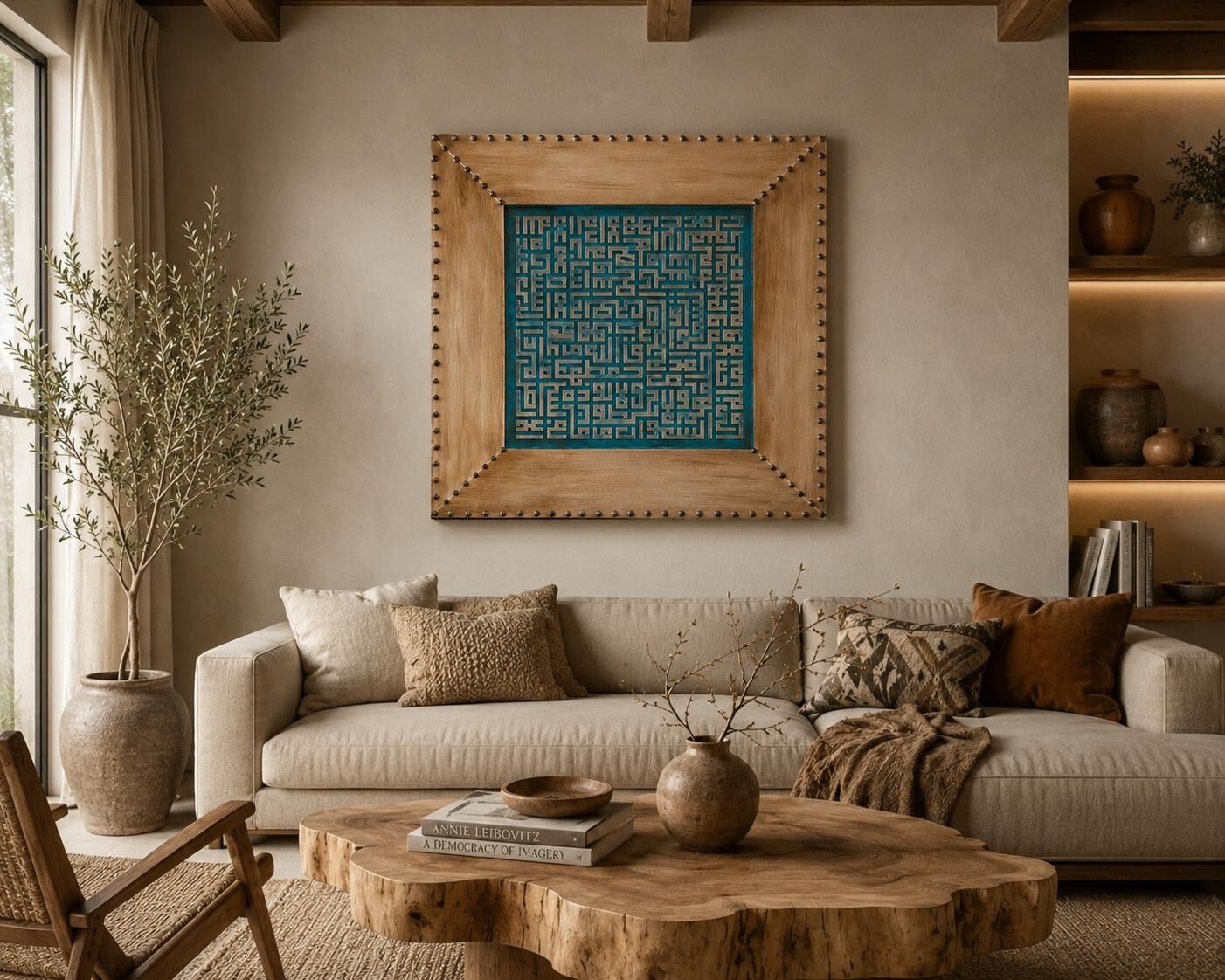 Kufi Tablo Turkuaz Eskitme Altın Detaylı 70x70 cm – Dekoratif Hat Tablosu