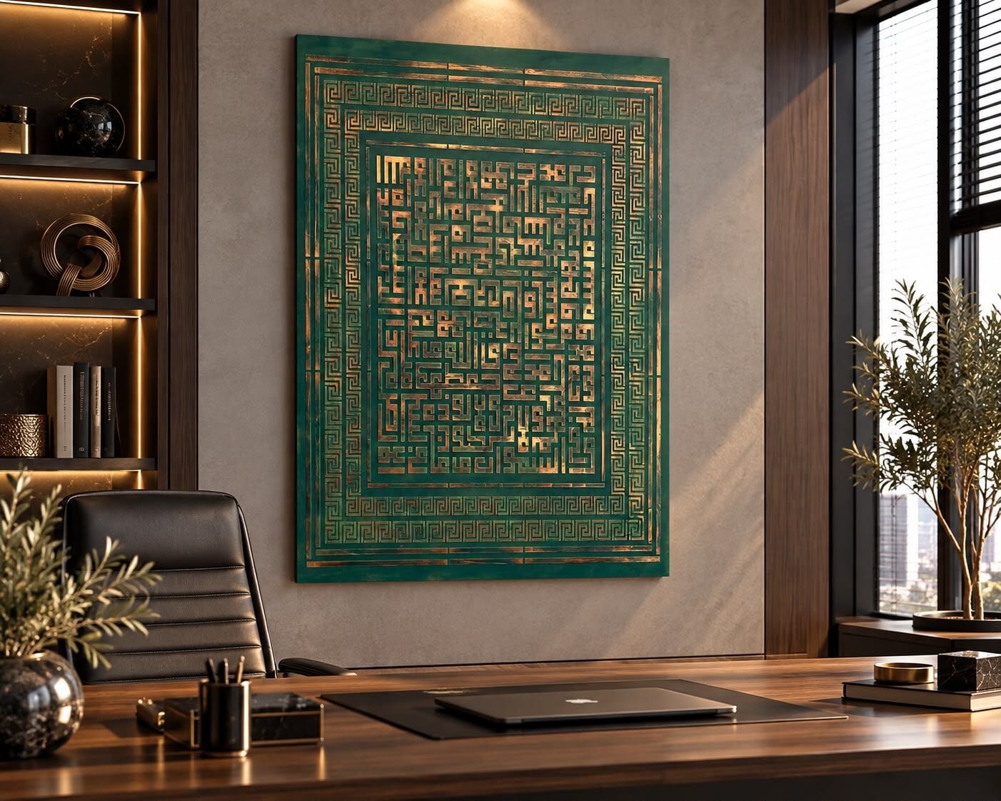 Kufi Ayetel Kürsi Tablo Küf Yeşili Bronz Efekt 100x70 cm