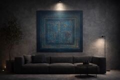 Ayetel Kürsi Kufi Tablo Lacivert Zemin- Turkuaz Bronz 100x100 cm