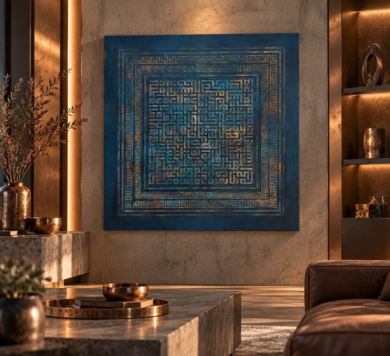 Ayetel Kürsi Kufi Tablo Lacivert Zemin- Turkuaz Bronz 100x100 cm