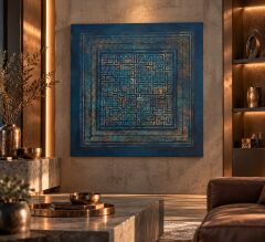 Ayetel Kürsi Kufi Tablo Lacivert Zemin- Turkuaz Bronz 100x100 cm
