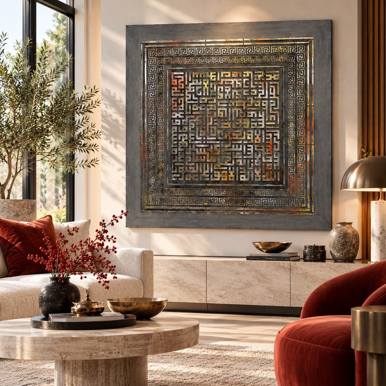 Ayetel Kürsi Kufi Tablo Gri 110x110 cm – Modern Kufi Yazı Tablo