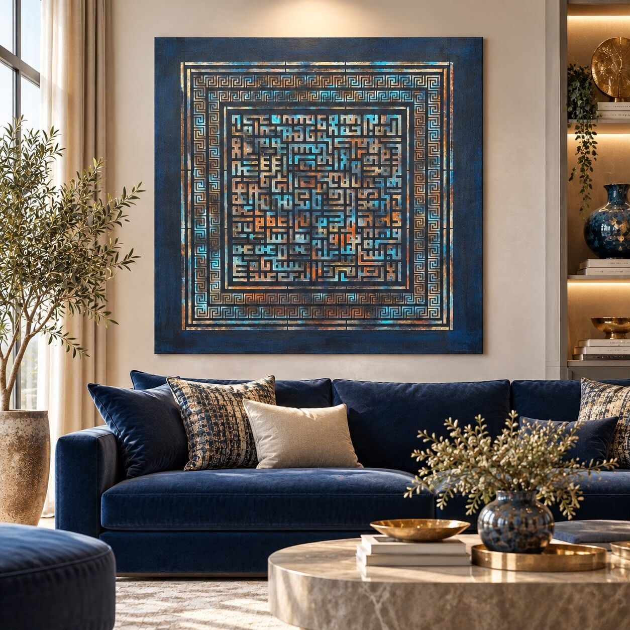 Ayetel Kürsi Kufi Tablo LACİVERT 100X100cm – Modern Kufi Yazı Tablo